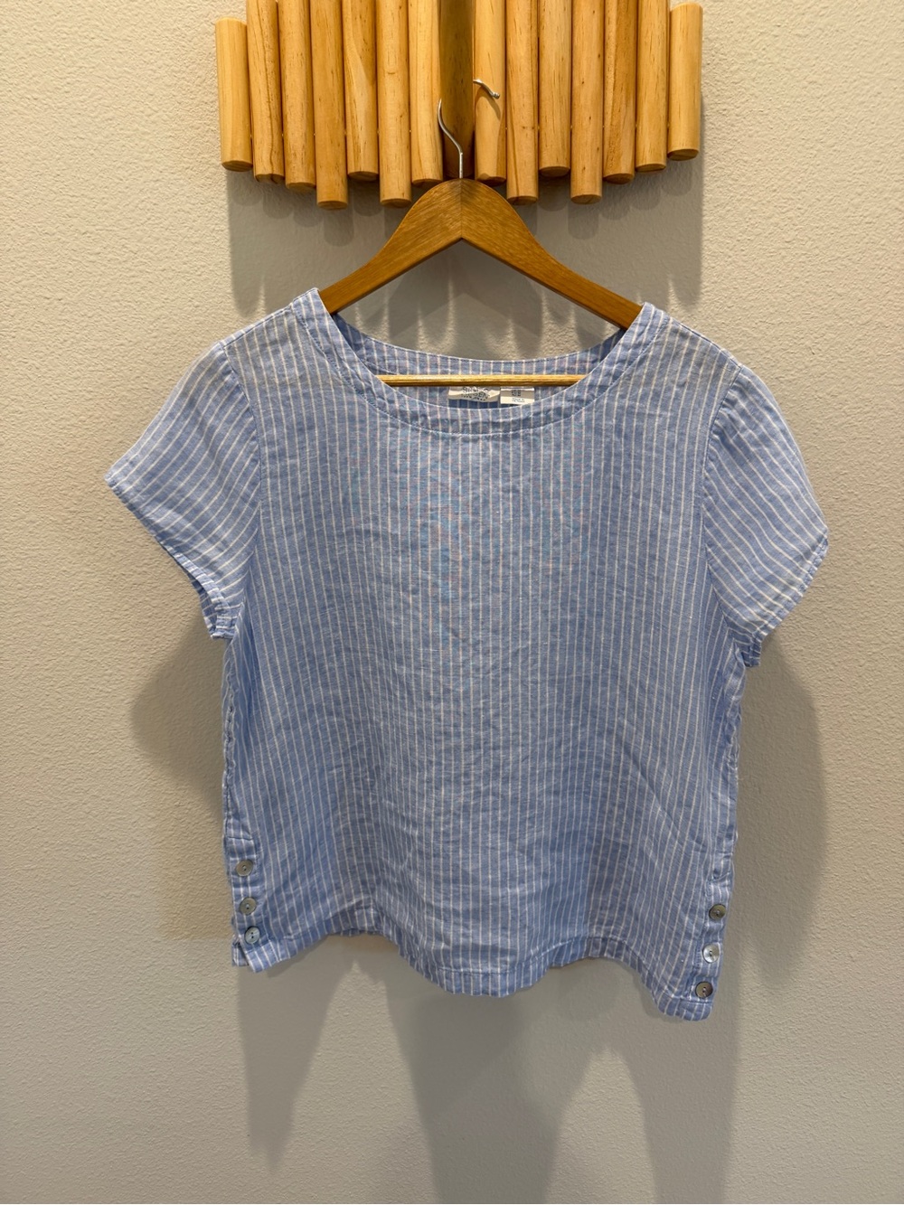 Sigrid Olsen Light Blue & White Striped Linen-Blend Short Sleeve Top